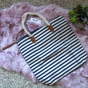 NWT Summer and Rose Large Blue Striped Canvas Tote